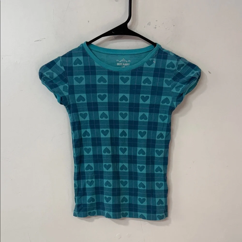 Old Navy Teal Plaid Heart Short Sleeve Tee y2k 2010